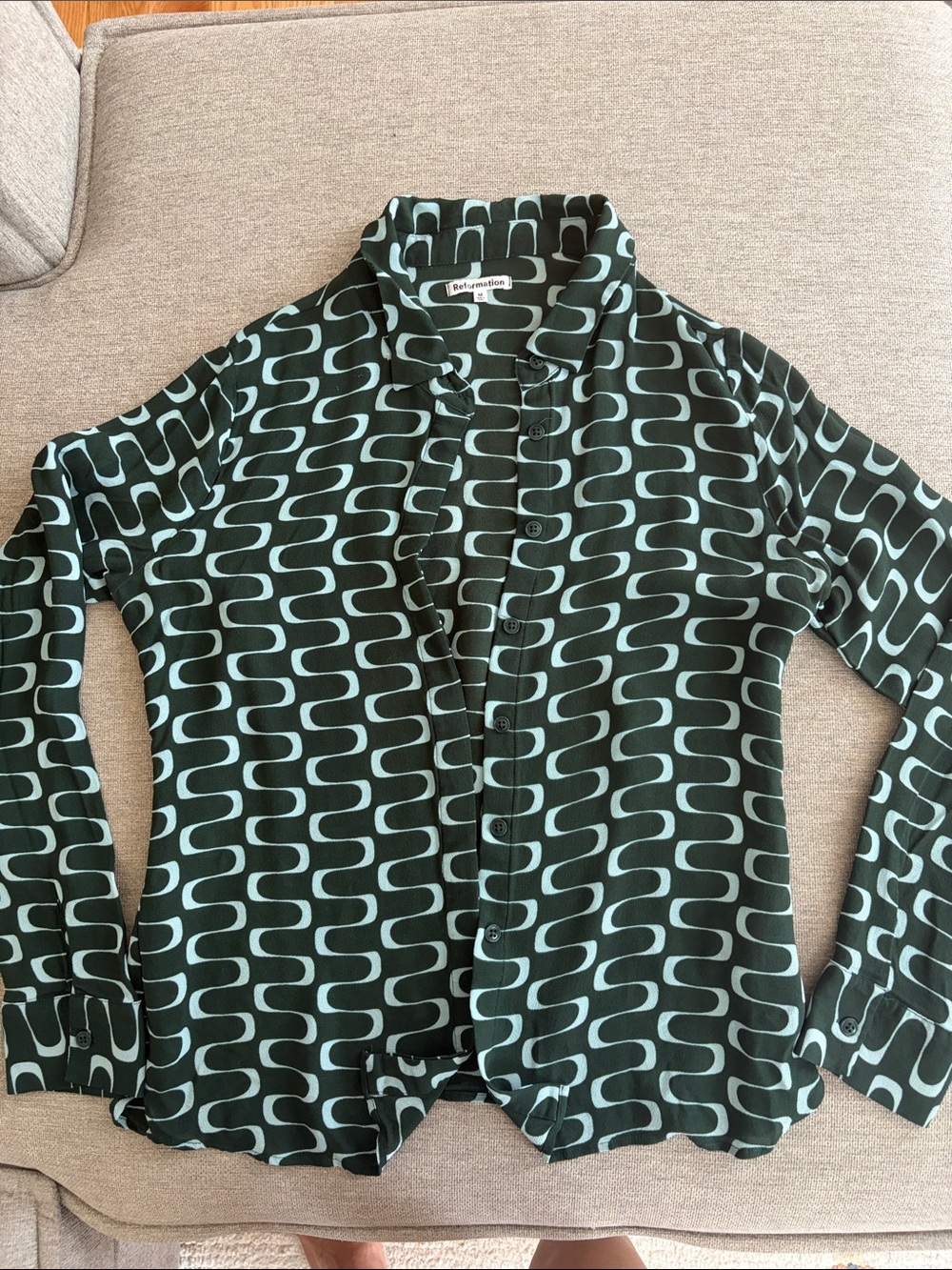 Reformation Black Button-Up Shirt with Light Teal Wave Pattern